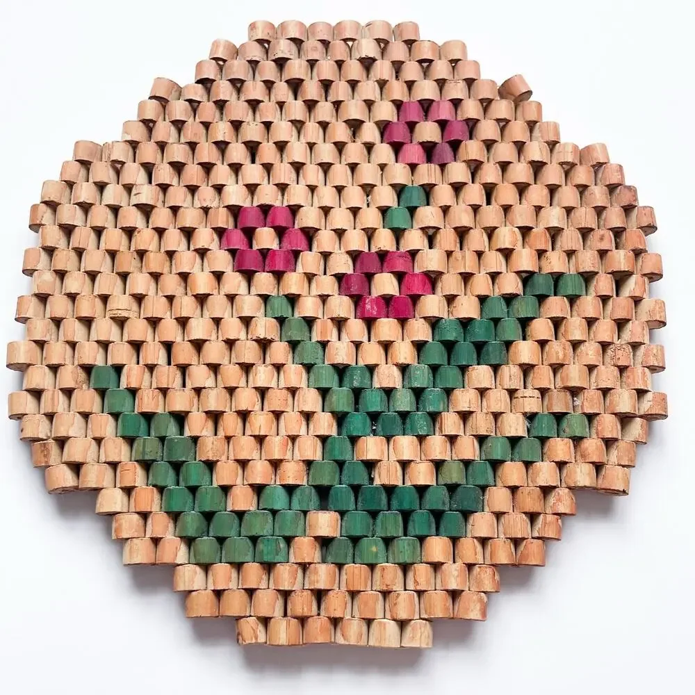 Vintage Bamboo Bead Trivet Red Flowers 7